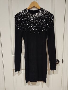 Marciano Black Long-Sleeve Bodycon Dress with Pearl & Stud Embellishment